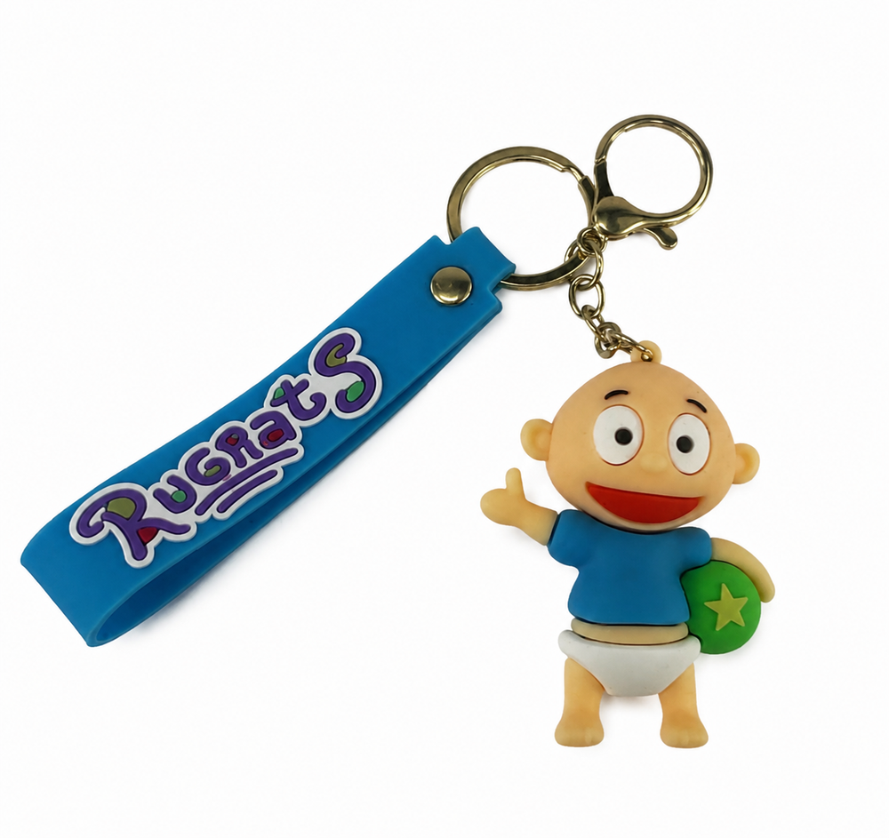 Retro Cartoon Baby 3D Keychain with Blue Wrist Strap – Rugrats-Style Figure