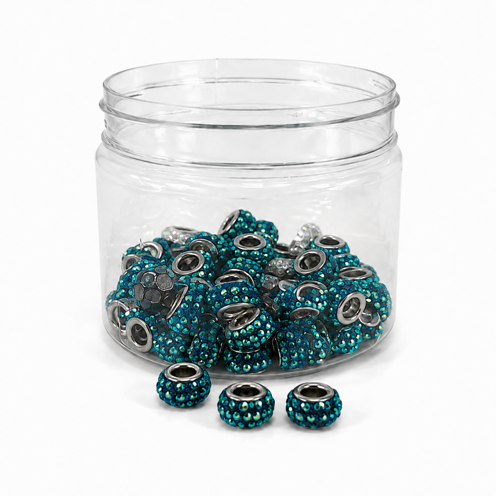 Set of 66 blue iridescent rhinestone large-hole beads measuring approximately 12–13 mm
