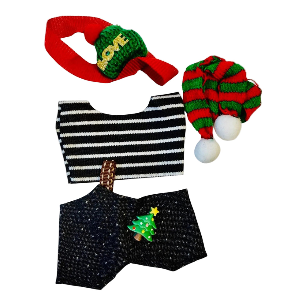 Christmas-themed -piece outfit set for 17cm  dolls including a striped sweater, black shorts with a tree design head band,  red and green scart
