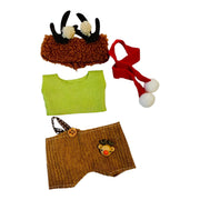 Christmas reindeer outfit set for 17cm  dolls featuring a brown antler headband, green top   red scarf and brown short pants