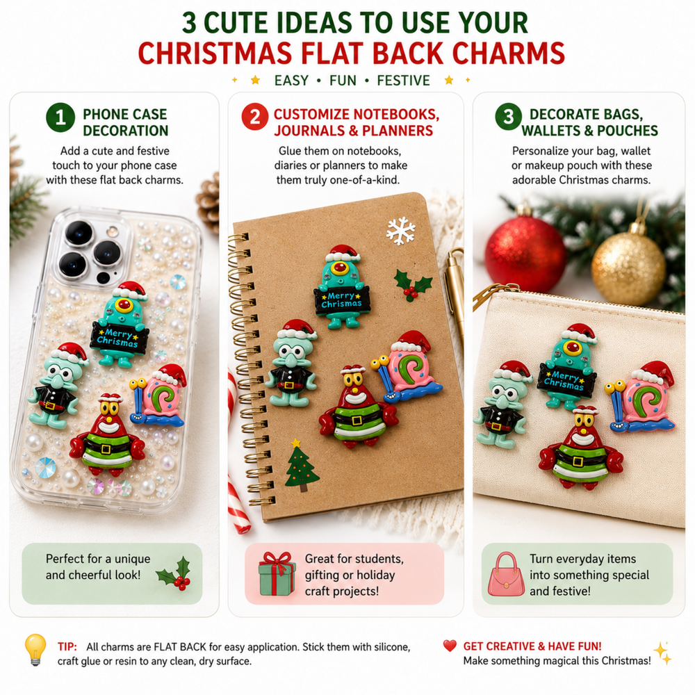 Christmas resin flat backs shown in creative DIY craft project ideas