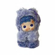 Close-up of Hacipupu Grape Flavor plush showing hand-applied crystal bedazzled details on purple fur