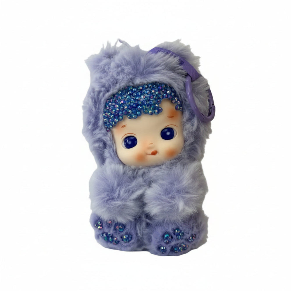 Close-up of Hacipupu Grape Flavor plush showing hand-applied crystal bedazzled details on purple fur