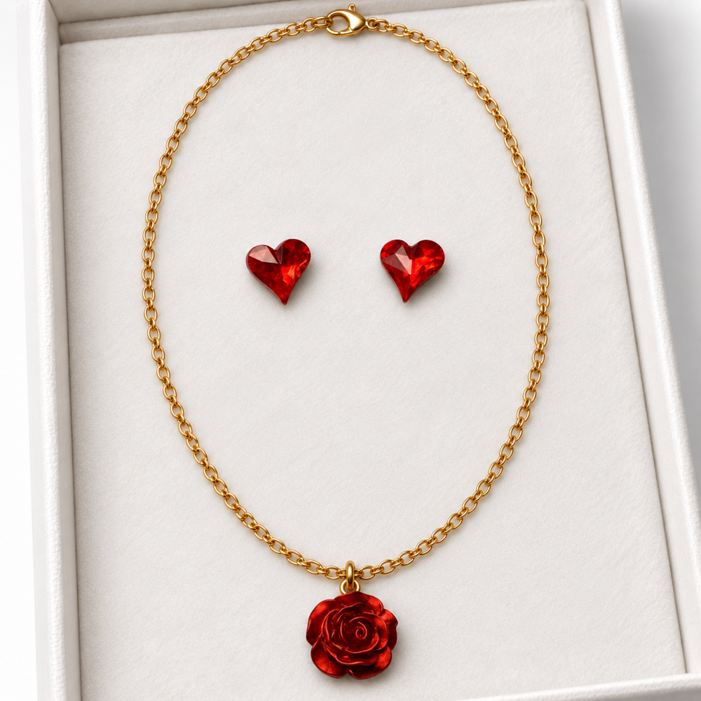 Close-up of a gold-tone red rose pendant necklace with two red crystal heart earrings arranged on soft white velvet.
