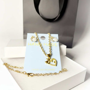 Gold Heart Pendant Necklace & Mini Rose Pearl Earrings Set | Romantic Jewelry Gift