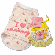 Close-up of pink striped pet shirt with I Love Mommy heart design and yellow ruffle tutu.