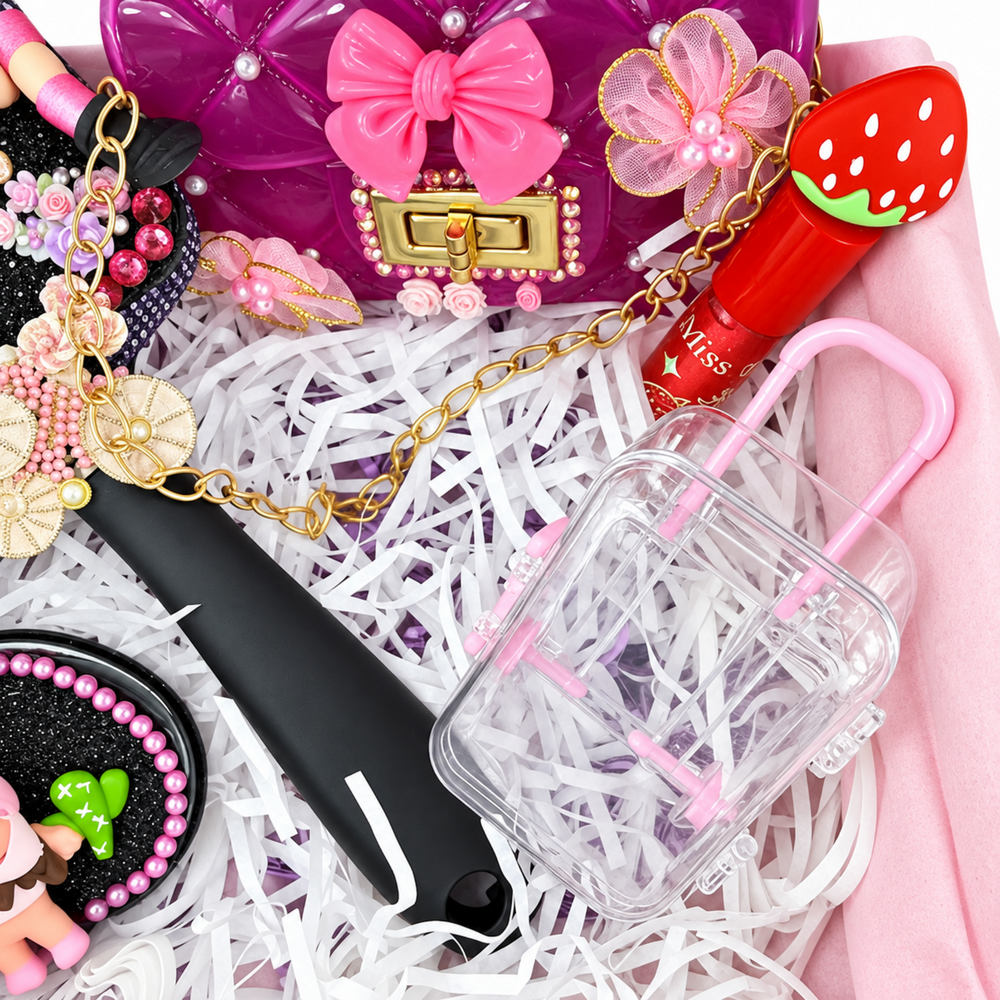 Close-up of purple mini purse, strawberry lip gloss, clear pink mini suitcase, and decorated black hairbrush in gift box.