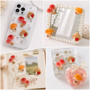 Collage showing mushroom resin flatback charms used on a phone case, mirror, scrapbook, and resin craft.