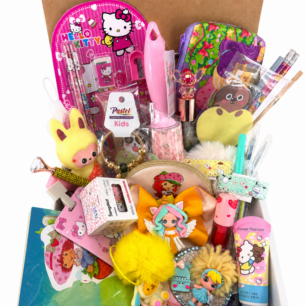 Colorful curated gift box with school supplies, beauty accessories, keychains, bracelet and handmade mirror