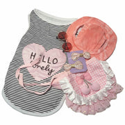Complete 5-piece pet outfit set featuring a black and white striped 'Hello Lovely' shirt, pink ruffle tutu skirt, matching pink sun hat, sunglasses, and ivory bow clips