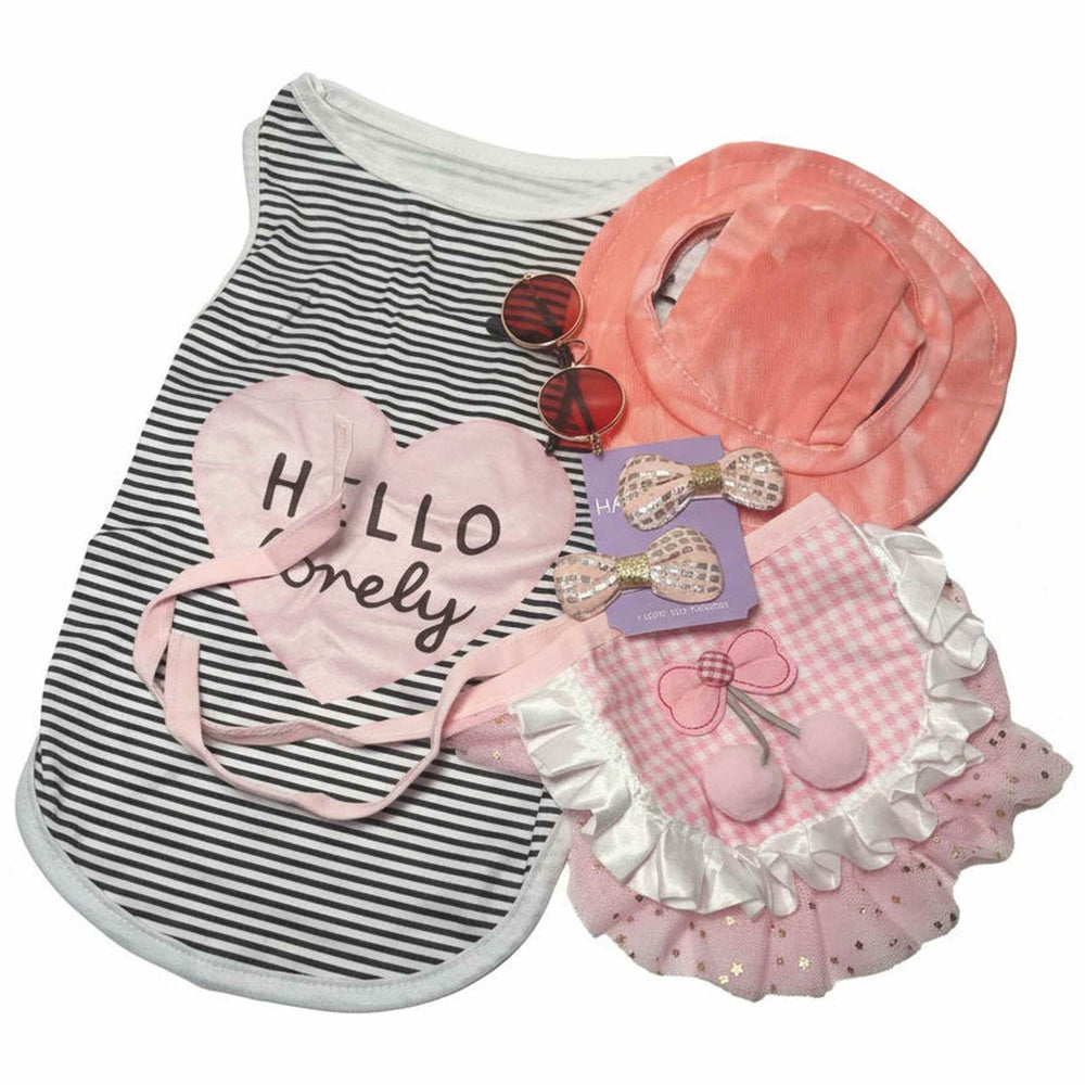 Complete 5-piece pet outfit set featuring a black and white striped 'Hello Lovely' shirt, pink ruffle tutu skirt, matching pink sun hat, sunglasses, and ivory bow clips