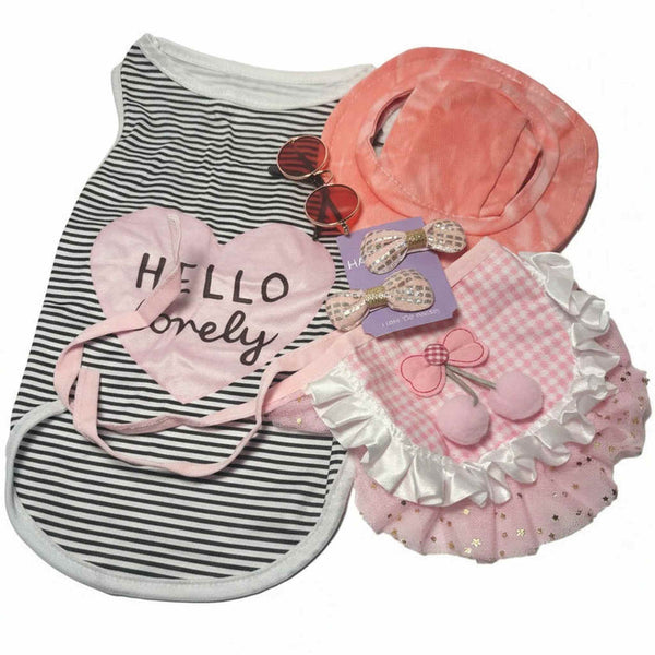 Complete 5-piece pet outfit set for dogs and cats featuring a black and white striped 'Hello Lovely' shirt, pink ruffle tutu skirt, pink sun hat, sunglasses, and ivory bow clips