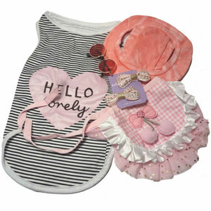 Dog Outfit Set with Sun Hat & Sunglasses | Striped Shirt, Ruffle Skirt & Bow Clips