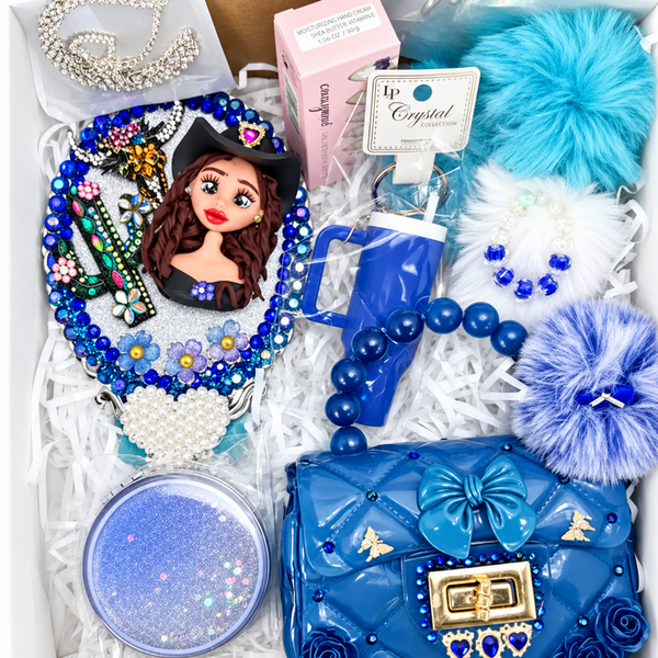 Coquette Cowgirl Gift Basket – Full set view with decorated mirror, compact mirror, lipstick, key chains, earrings and small purse
