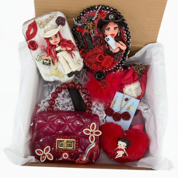 Coquette cowgirl gift set with decorated porcelain doll hair brush, red mirror and handmade accessories