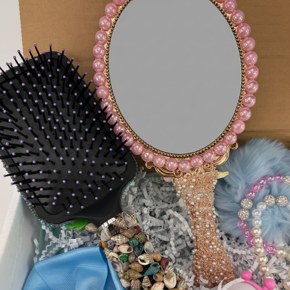 Coquette mermaid gift bag with tissue paper, ocean hair accessories, puff hair ties and bracelets