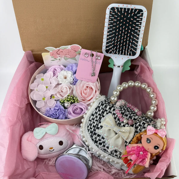 Coquette teen gift set with fashion purse, crystal heart earrings, cat necklace, compact mirror and princess hair brush