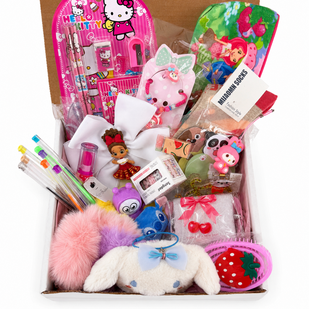 Cute Back to School surprise gift box filled with colorful stationery, accessories, socks and plush items