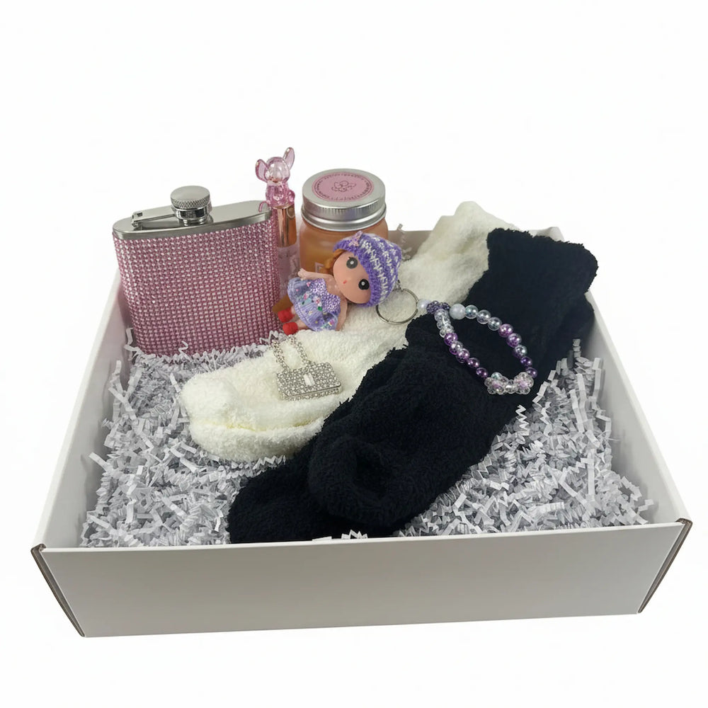 Cute birthday gift set for her with pink flask, rhinestone coin purse, fuzzy socks and candle