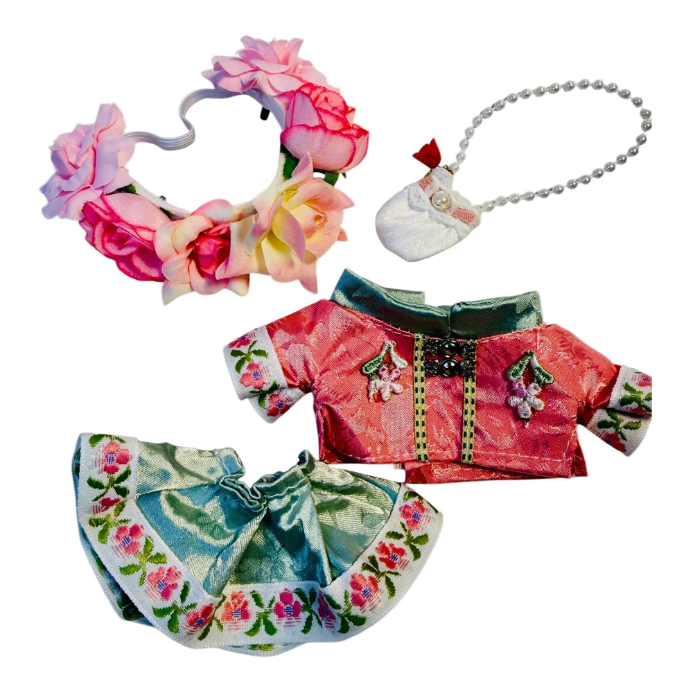 Cute pink floral asian style oulfit set with a matching hair accessory designed for 17cm dolls, 4 pc, including purse