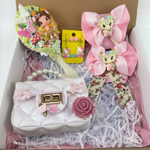 Cute princess gift basket with white charm purse, clay doll decorated mirror, hair bows with clay doll, and cute earring set