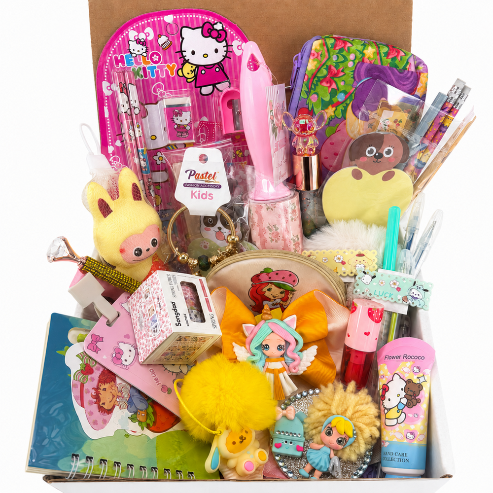 Cute stationery and accessories gift box with pens, pouches, beauty items and handmade details