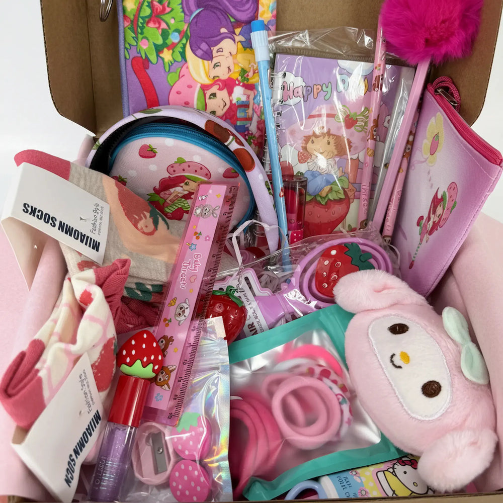 Cute strawberry-themed stationery set for girls: includes notebook, pens, and erasers for school.