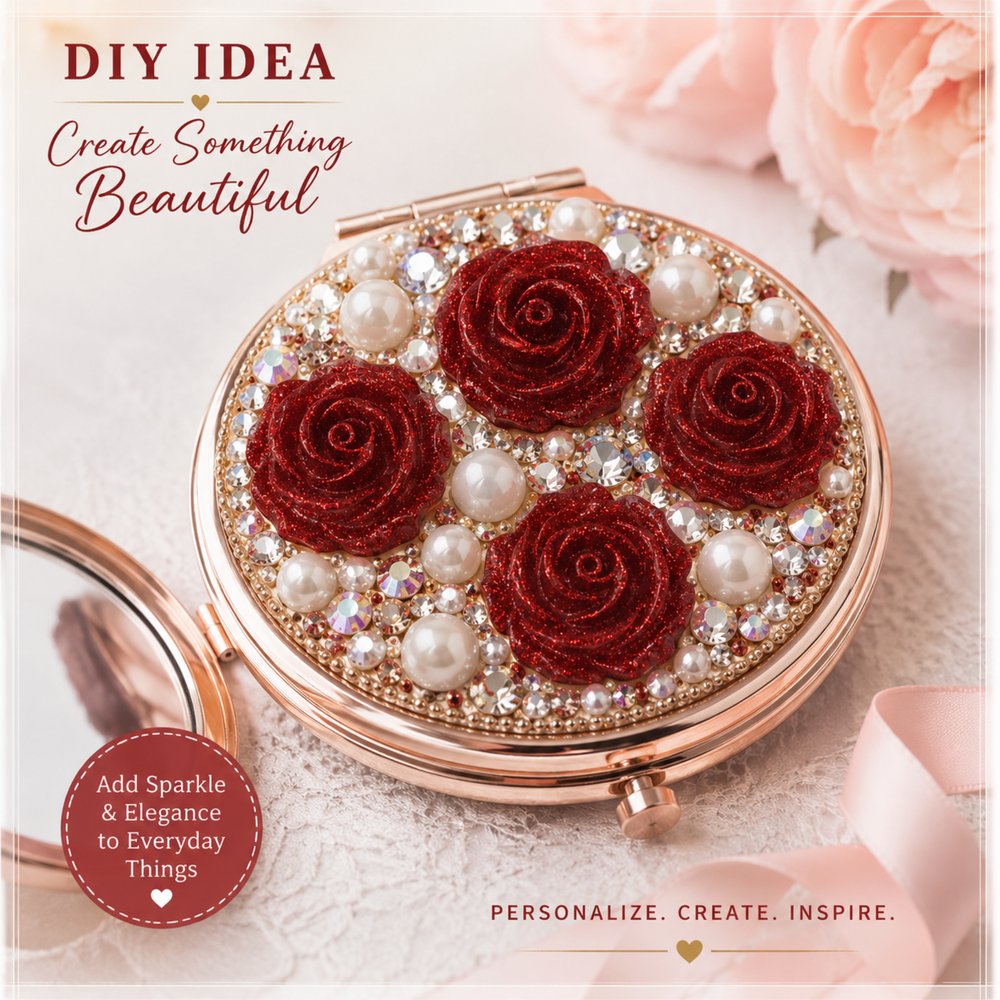 Decorated Compact Mirror — un espejo compacto decorado con las rosas rojas, pearls y rhinestones.