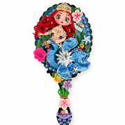 Decorated mermaid hand mirror with flexible porcelain doll, colorful beads, flowers and ocean-inspired details