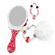 Decorated vanity mirror with colorful flowers, fairy doll detail and pink beaded charm accessory set