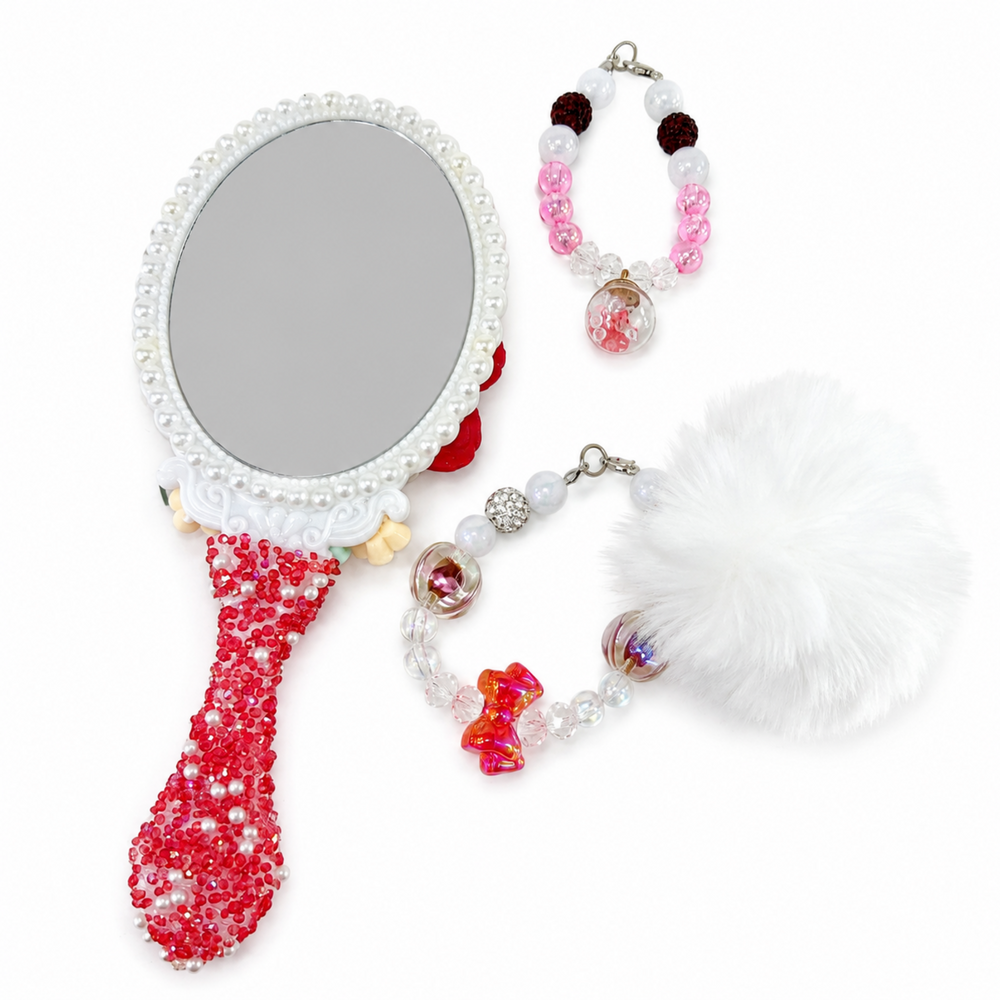 Decorated vanity mirror with colorful flowers, fairy doll detail and pink beaded charm accessory set