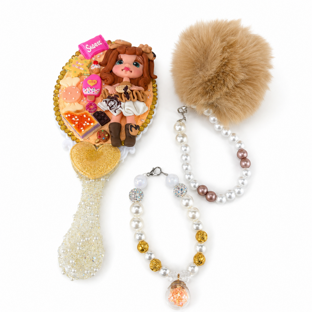 Decorated vanity mirror with dessert details, pearl charm and tan pom pom