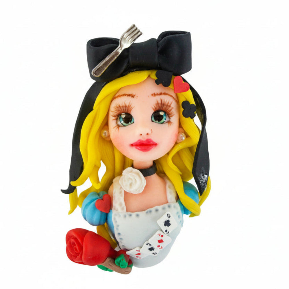 Decorative flex porcelain girl with roses, card suits and blue dress