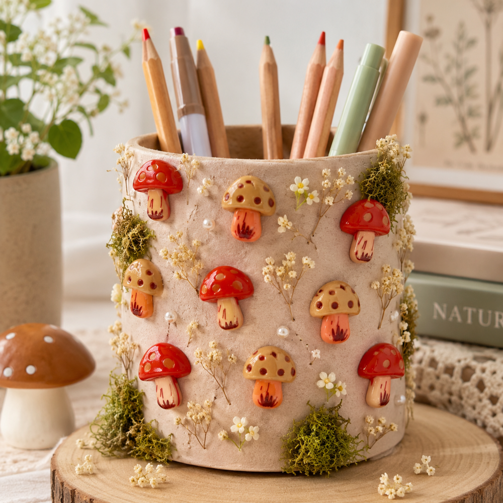 Decorative pencil cup embellished with red and beige mushroom charms, daisies, and greenery, shown as a creative DIY idea.