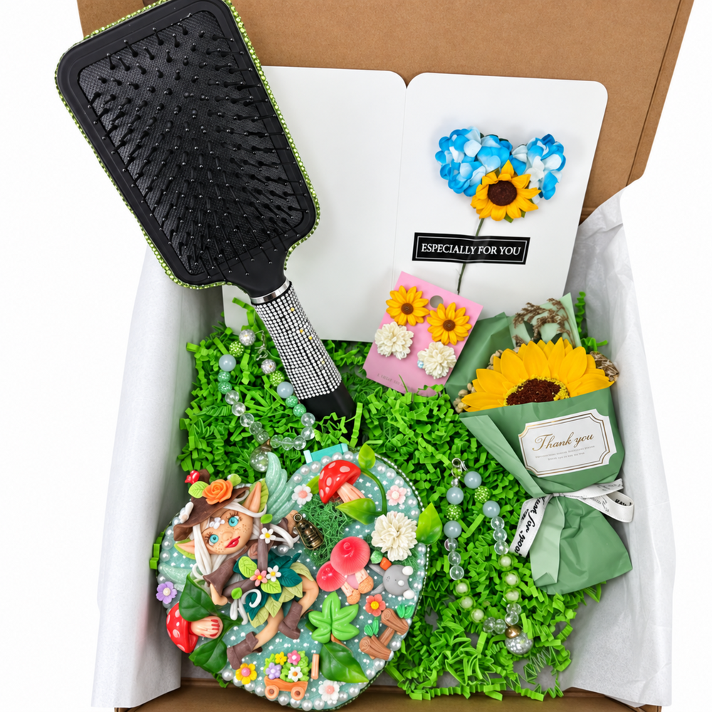 Enchanted forest fairy gift set with decorated hairbrush, heart jewelry box and sunflower soap