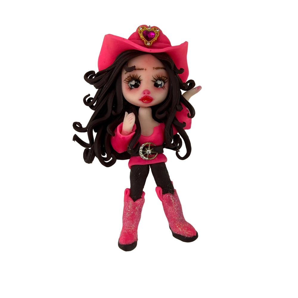 Flat back cold porcelain cowgirl doll with pink hat, black slim pants and shiny glitter boots, DIY craft embellishment