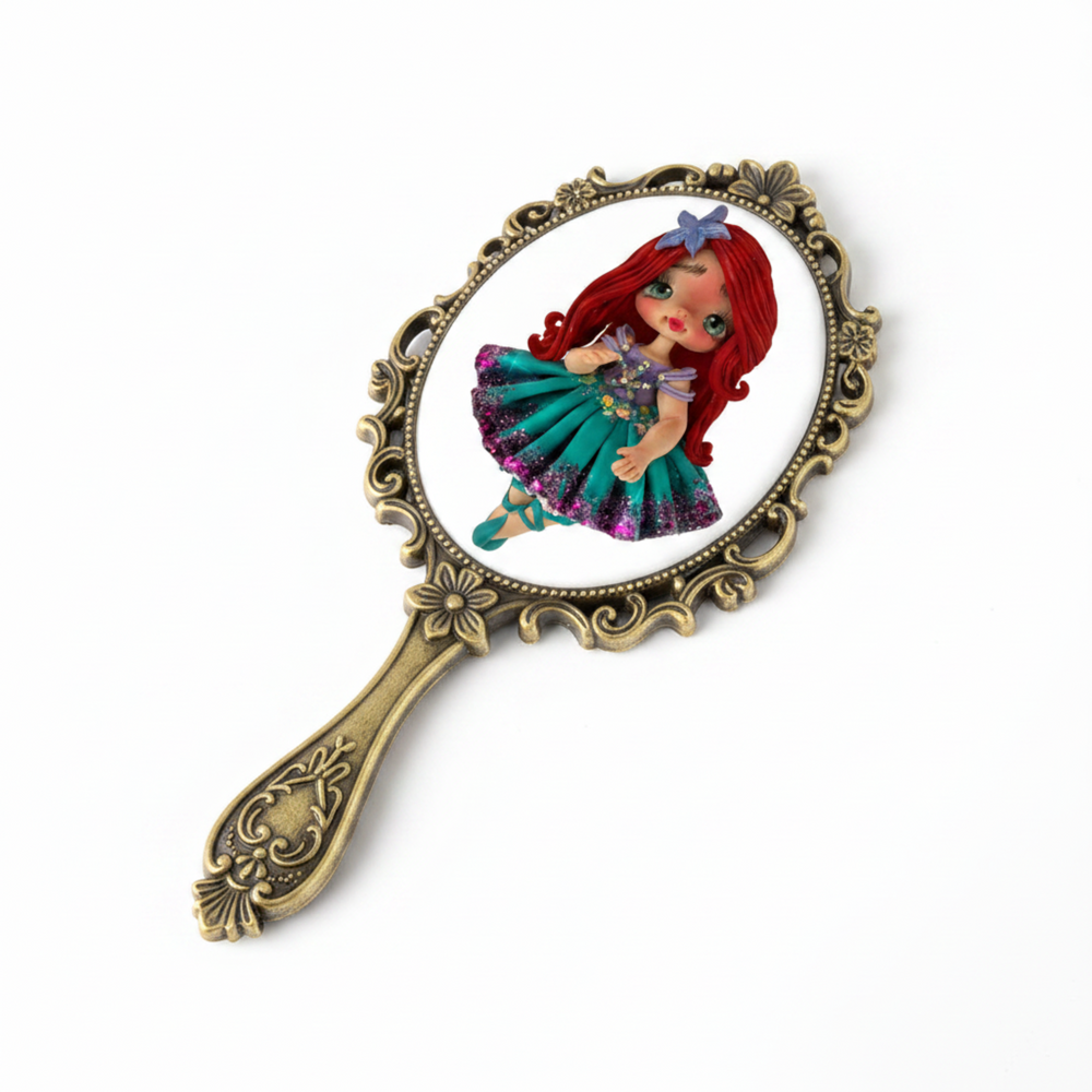 Flat back view of a kawaii princess flex porcelain planar doll placed on a decorative hand mirror
