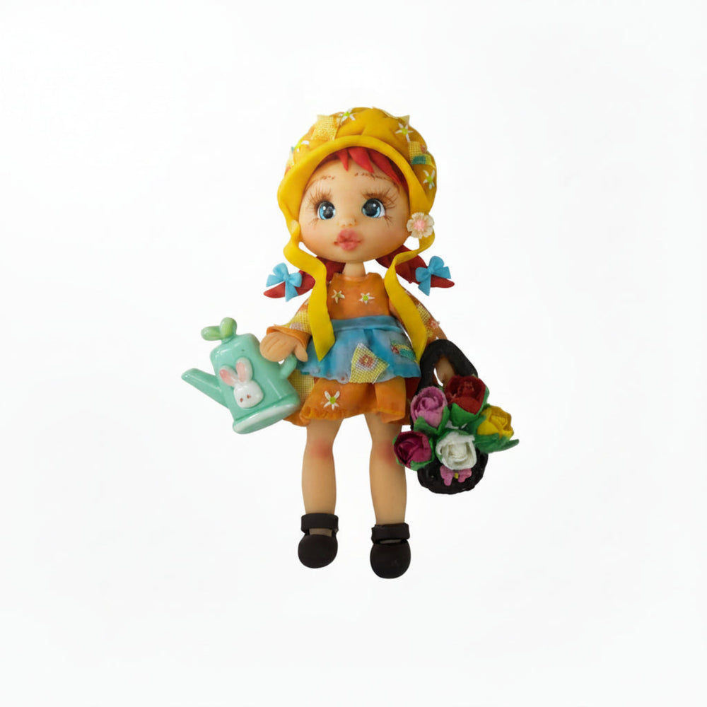 Flatback porcelain craft centerpiece featuring a cute cartoon girl gardener character holding a basket of pink roses