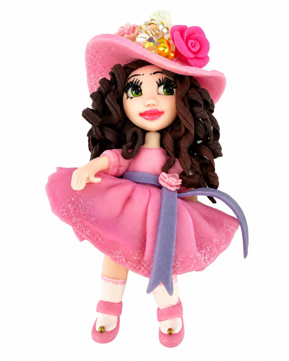 Flex porcelain fashion doll in pink glitter dress and floral hat on white background