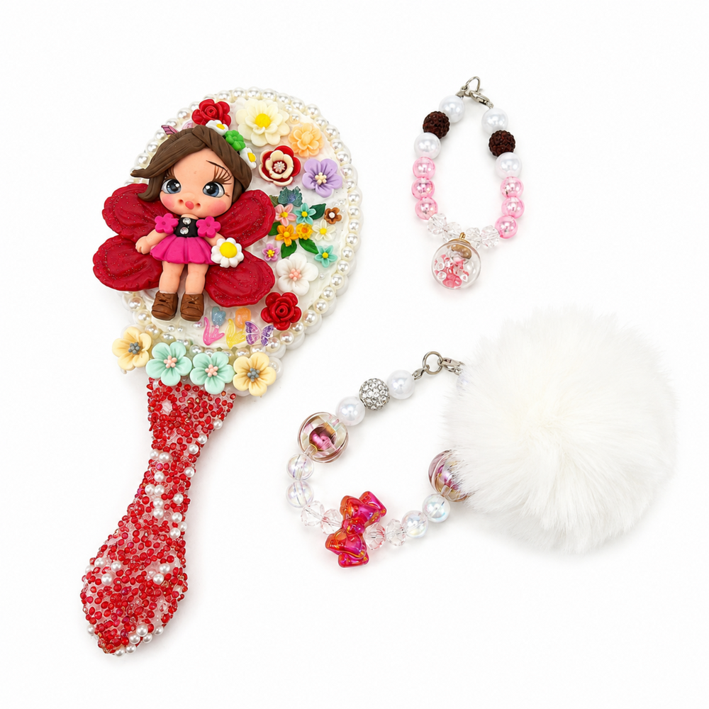 Floral fairy decorated hand mirror with pearl trim, red rhinestone handle and coordinating beaded accessories