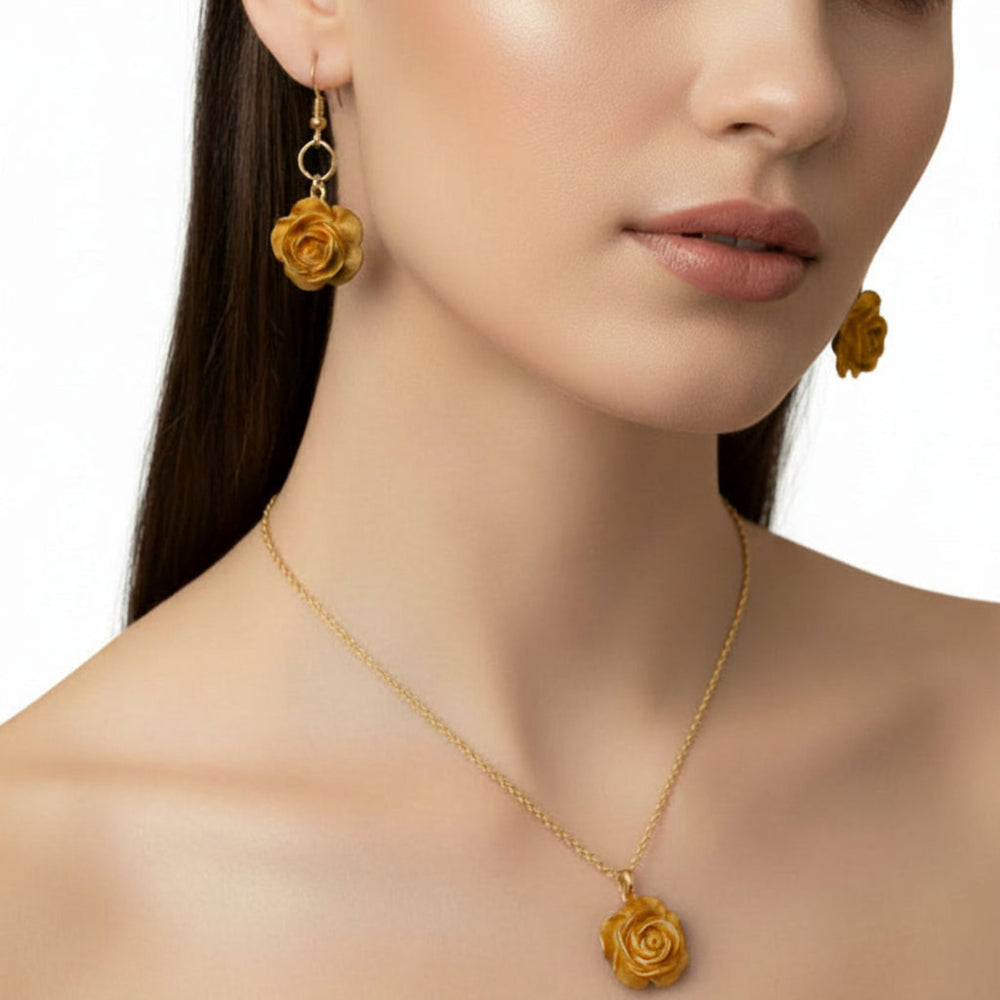 Floral jewelry set with rose earrings and necklace presented in elegant gift packaging for her