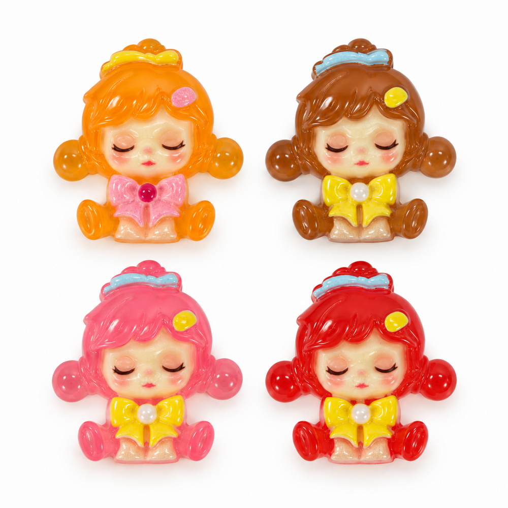 Four color options of Sleepy Doll resin flatback charms displayed on a clean white background.