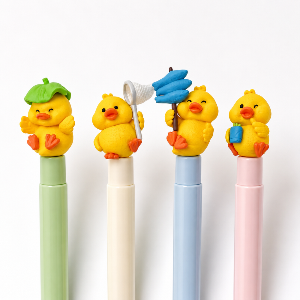 Four yellow resin duck pieces for earrings, decorated pens and DIY crafts