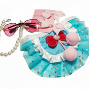 Full 4-piece princess pet set: blue cherry tutu, pink pearl collar, heart sunglasses, and bows.