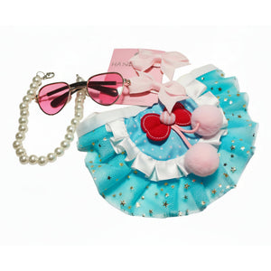 Blue Tutu XS Dog Princess Outfit | Pearl Collar, Sunglasses & Bows