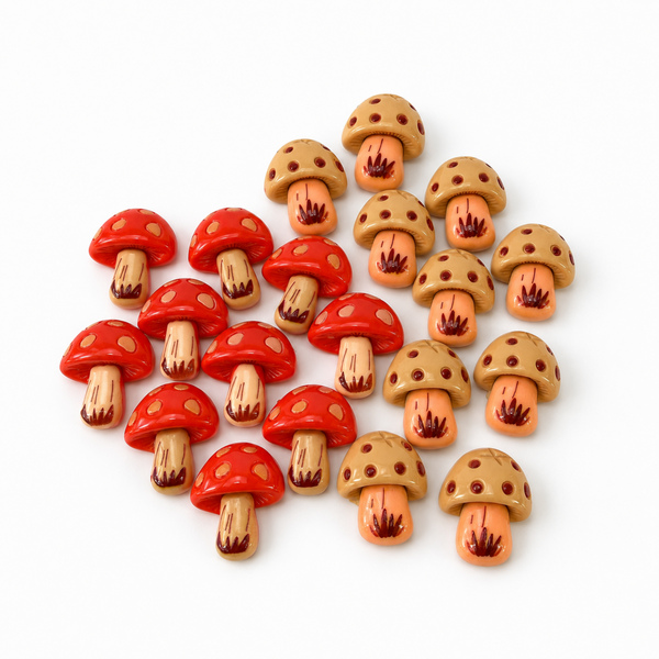 Glossy mushroom flatback embellishments in warm forest tones for creative DIY decorations