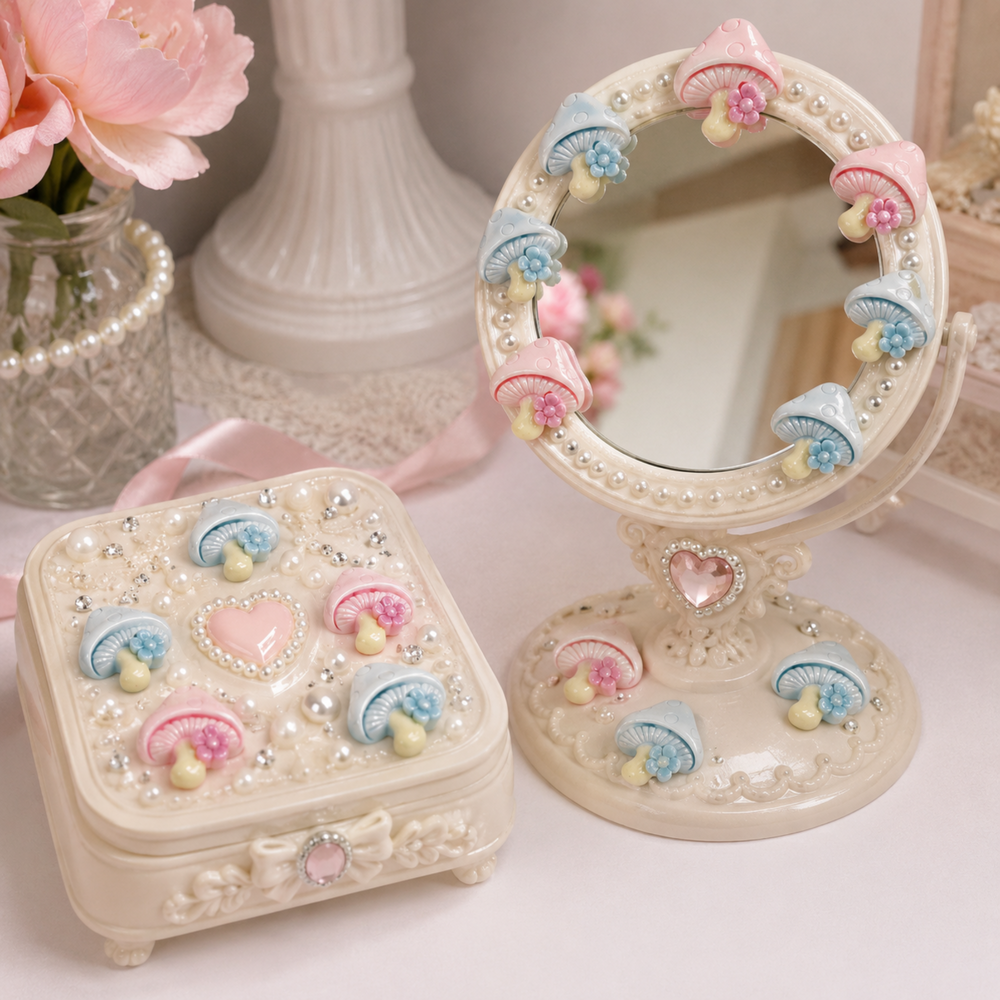 Glossy pastel mushroom charms arranged on a clean white background for DIY craft projects.