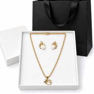 Gold Heart Pendant Necklace & Mini Rose Pearl Earrings Set | Christmas Jewelry Gift for Her