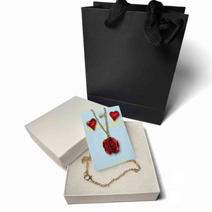 Red Rose Necklace & Red Crystal Heart Earrings Set | Romantic Jewelry Gift