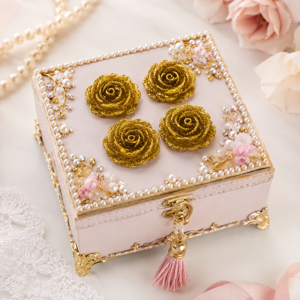 Gold glitter rose flatback cabochons decorating a feminine jewelry box with pearls and gold accents